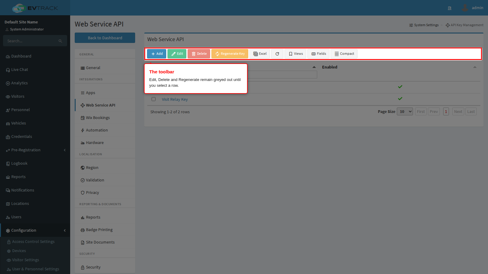 The API key toolbar