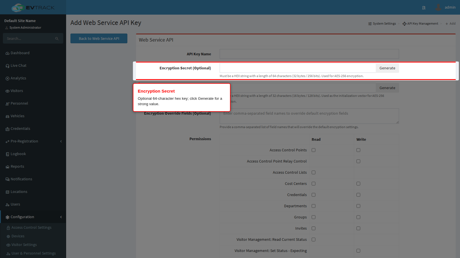 The Encryption Secret field and its Generate button