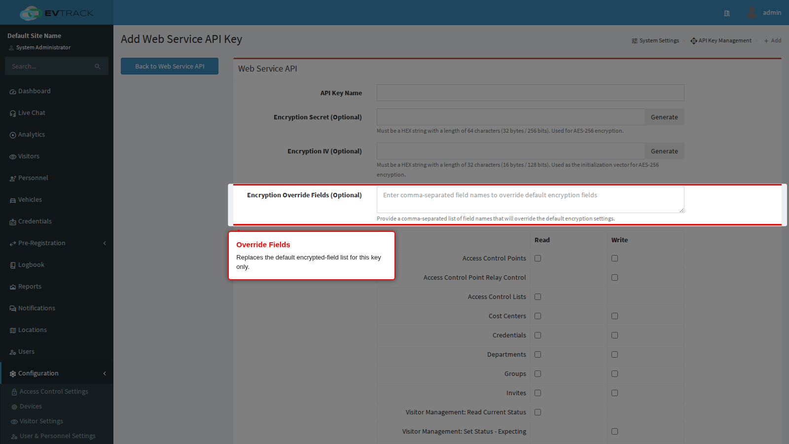 The Encryption Override Fields box