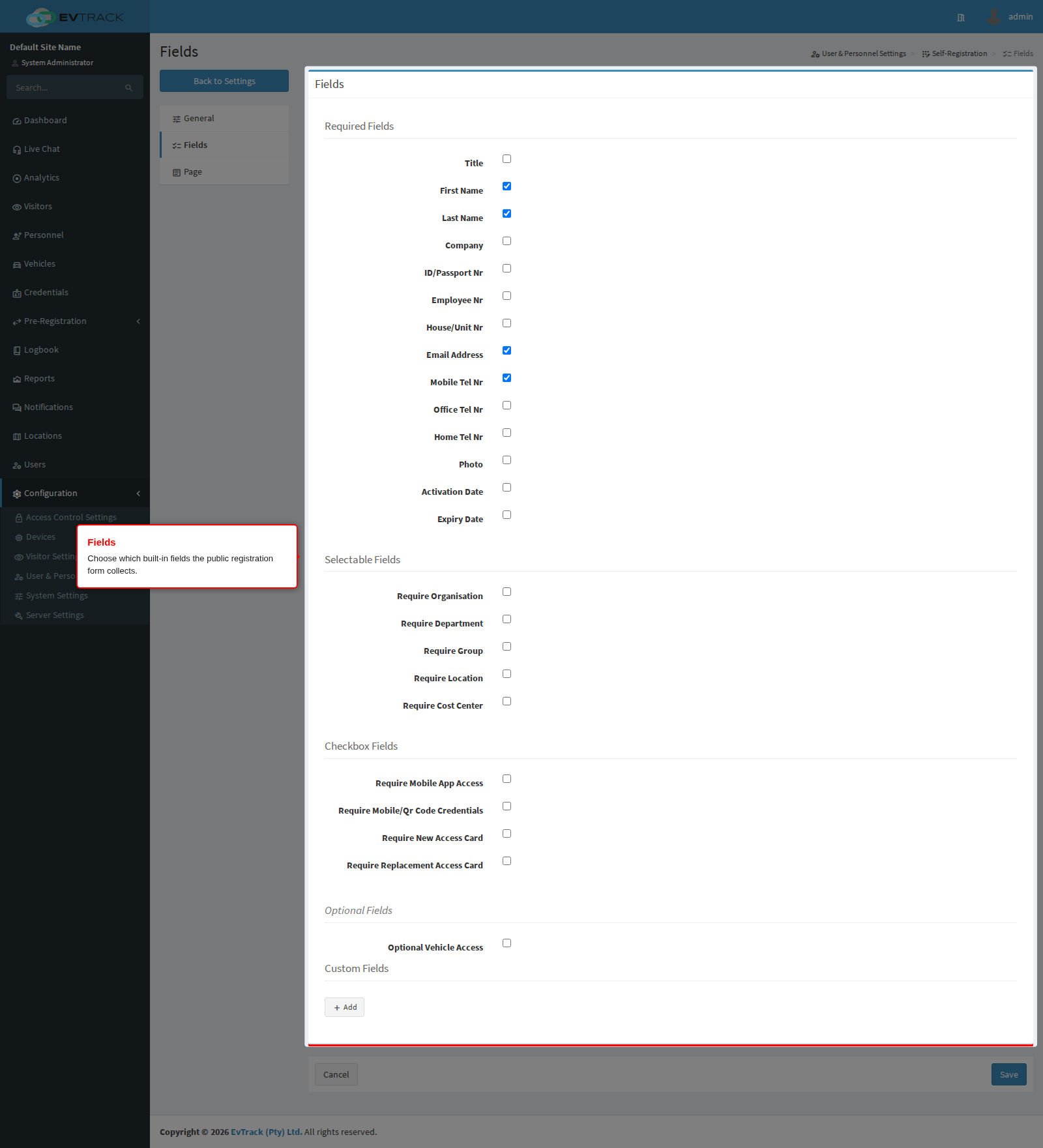 The Fields page: built-in switches at the top, the custom-field builder at the bottom