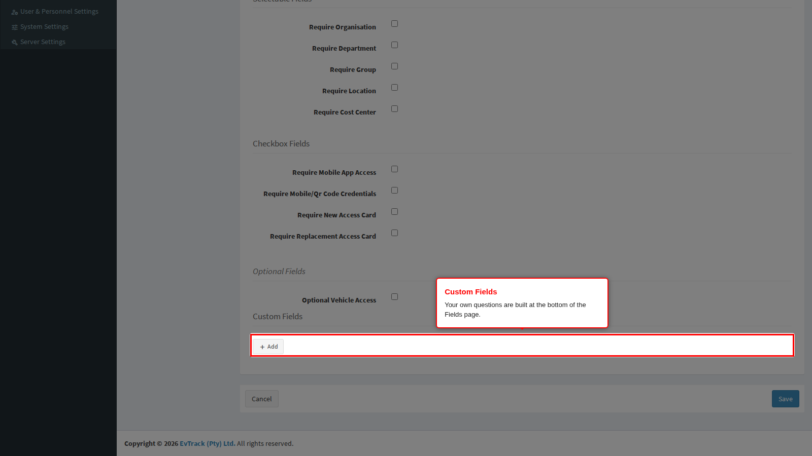 The Custom Fields builder at the foot of the Fields tab