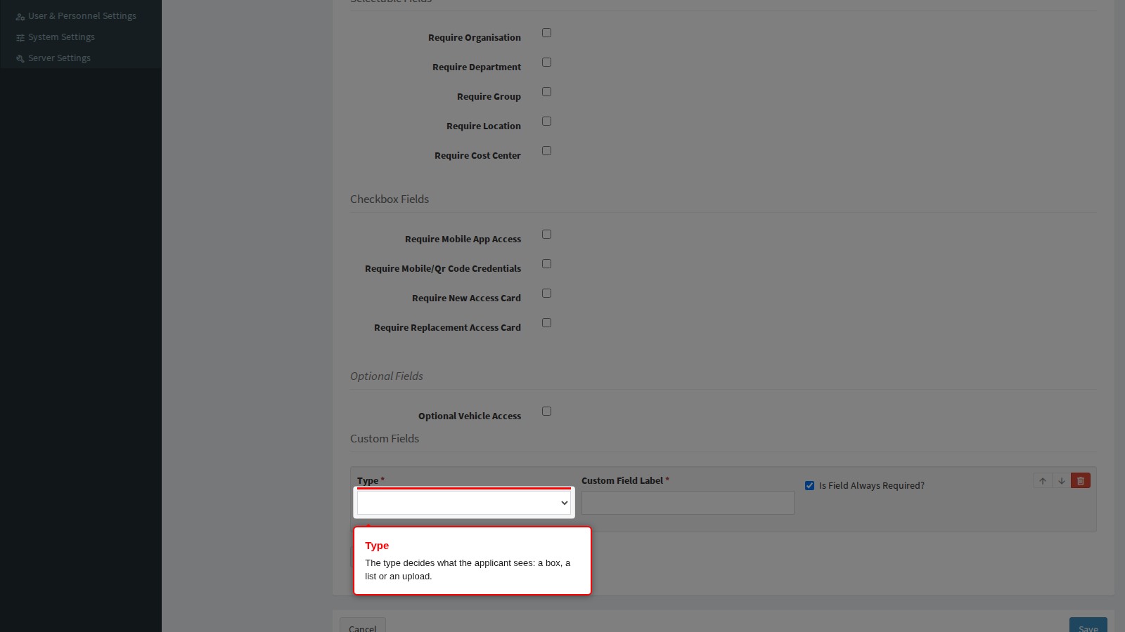 The Type list on a new question row
