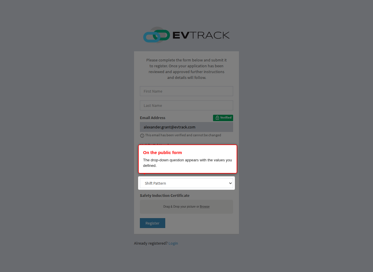 The custom questions on the public registration form