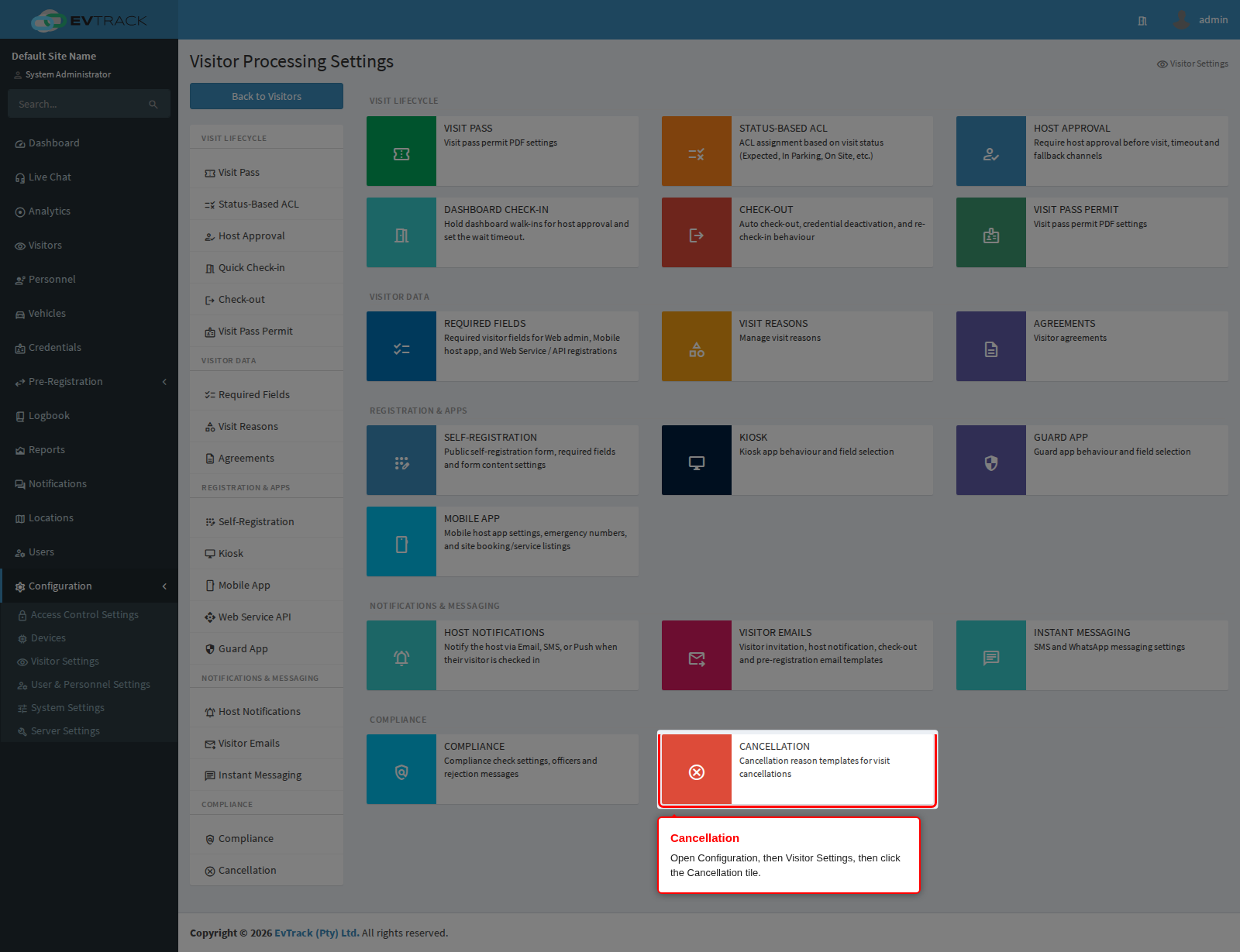 The Cancellation tile on the Visitor Settings page