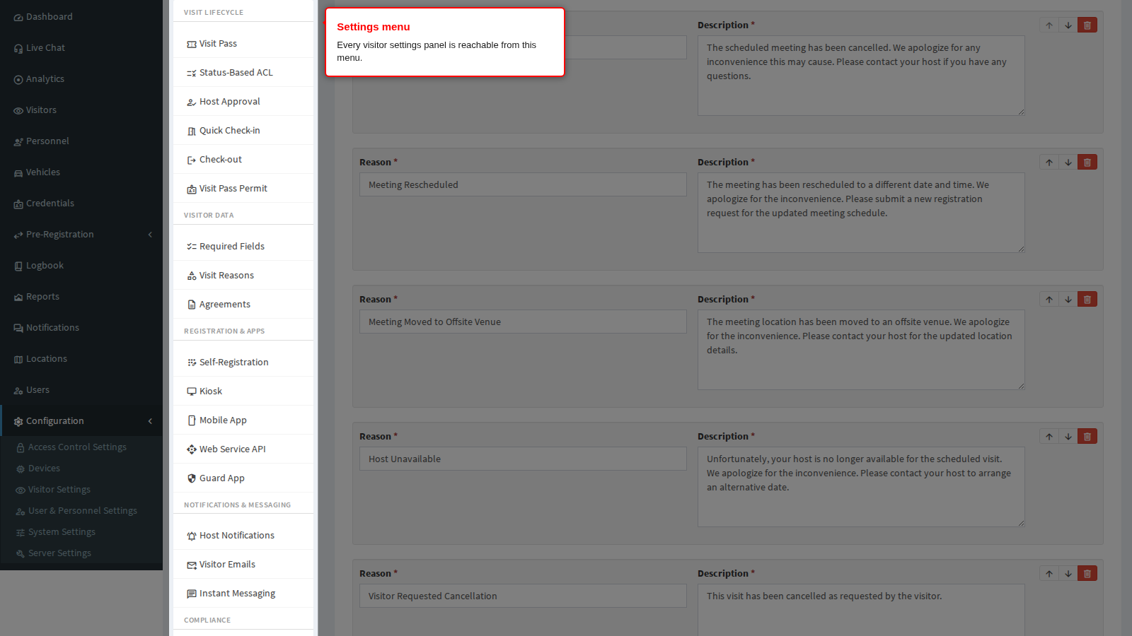 The visitor settings menu on the left of the panel