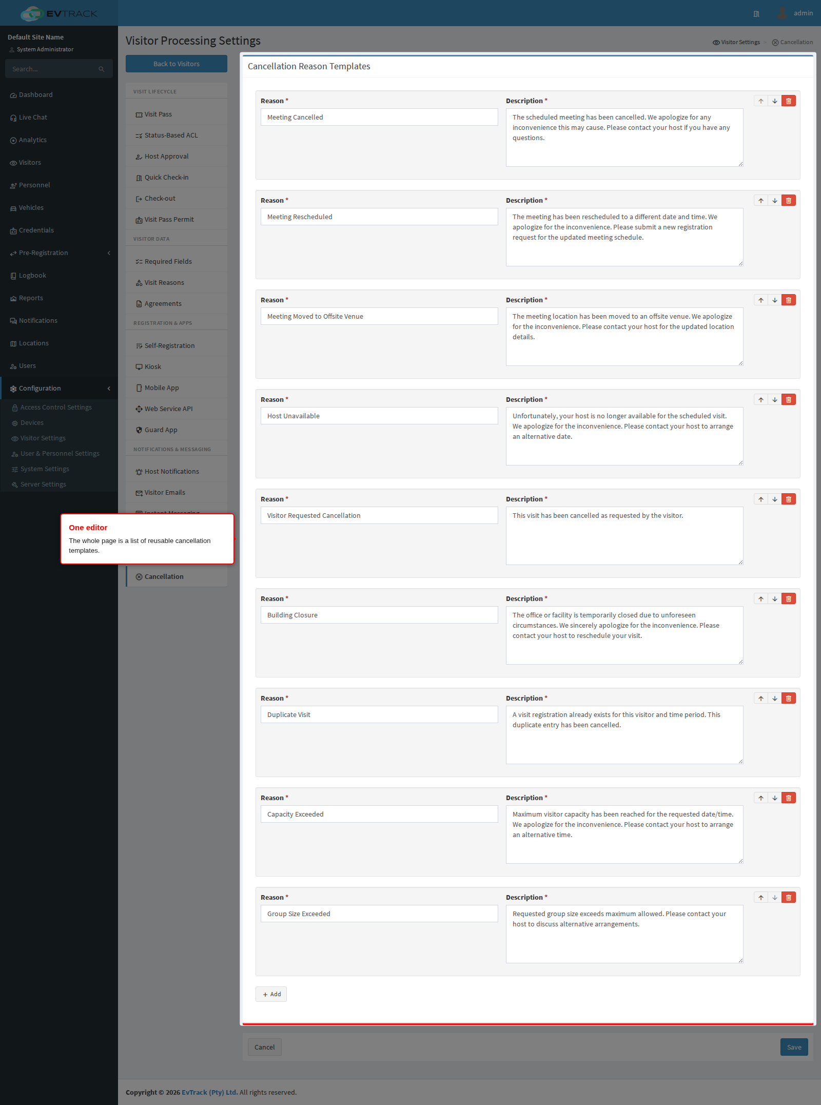 The Cancellation Reason Templates panel