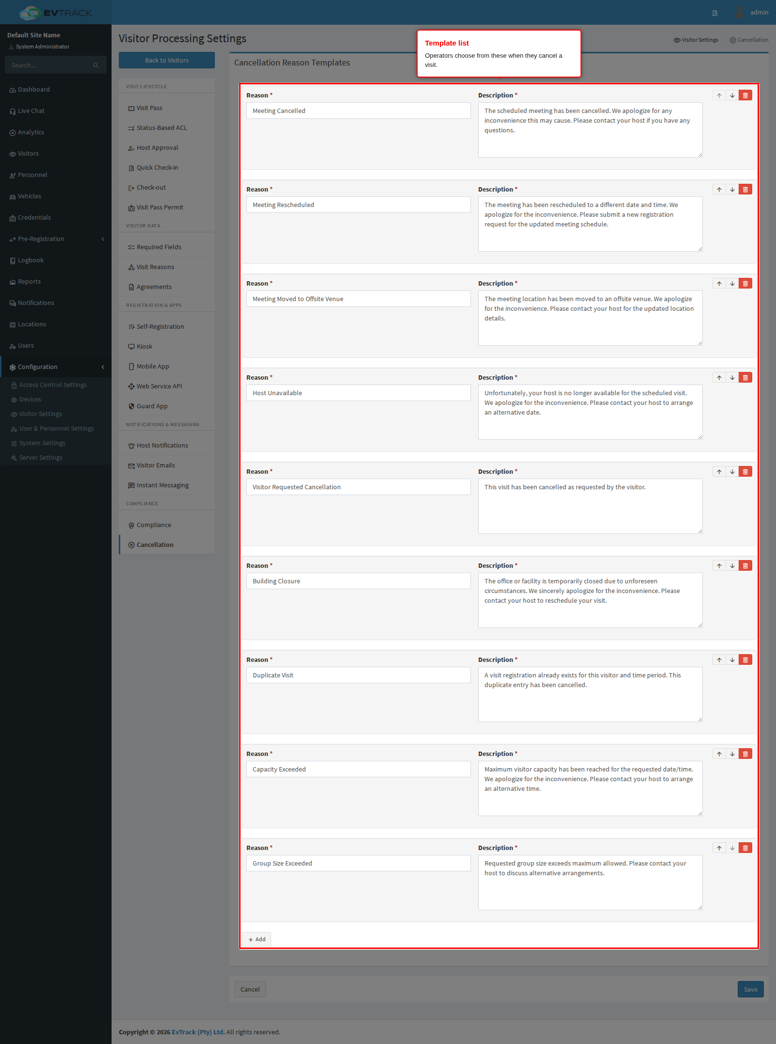 The list of cancellation templates