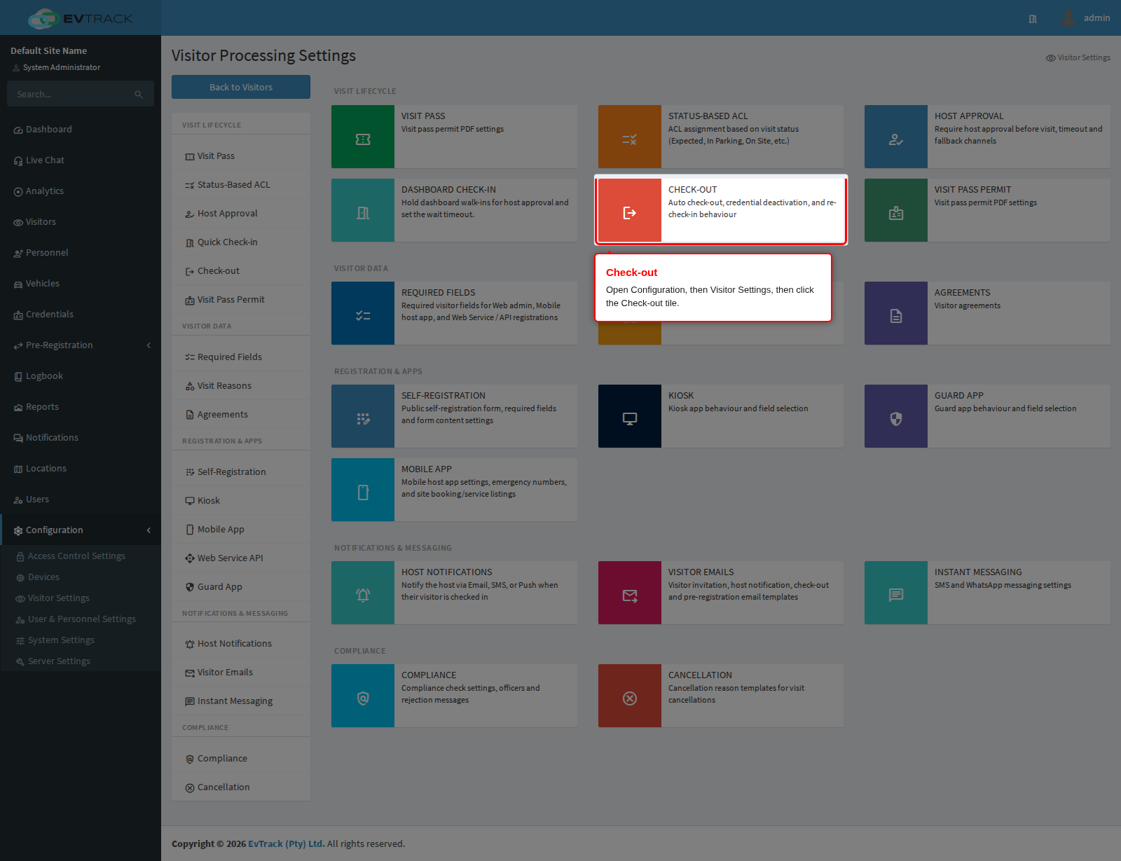 The Check-out tile on the Visitor Settings page