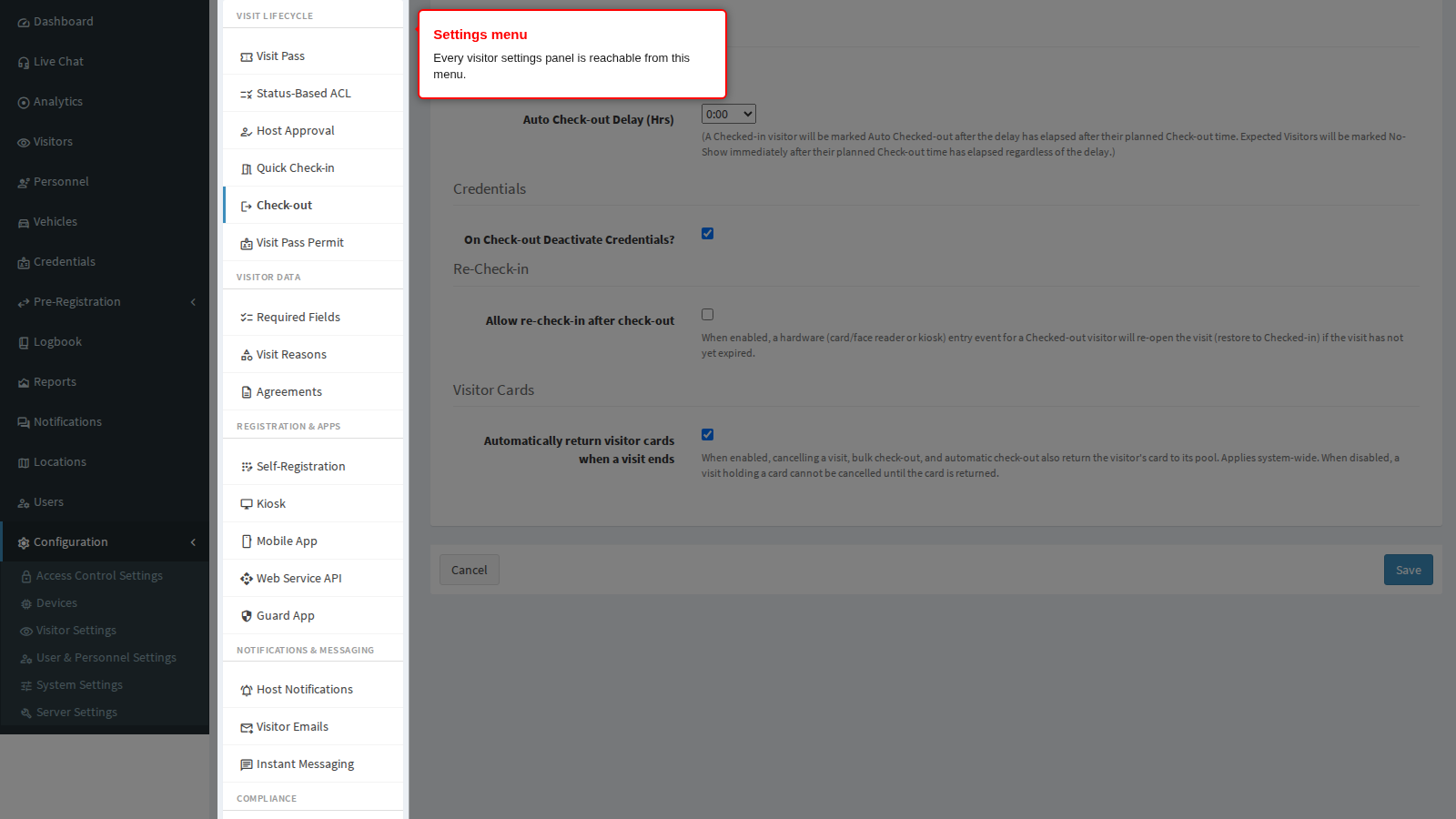 The visitor settings menu on the left of the panel