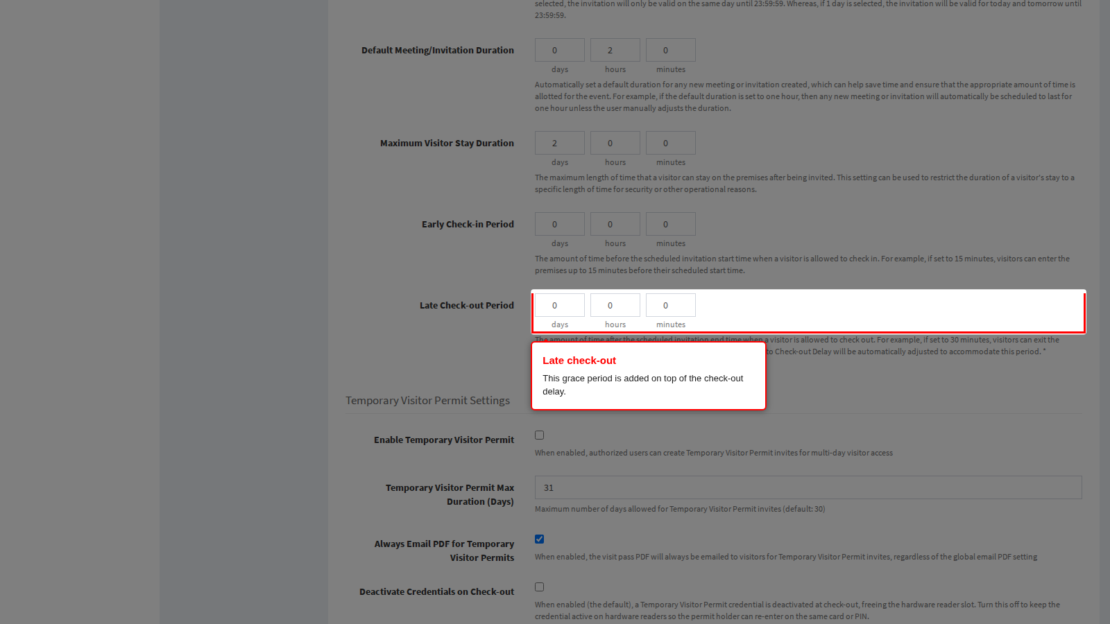 Late Check-out Period on the Visit Pass panel