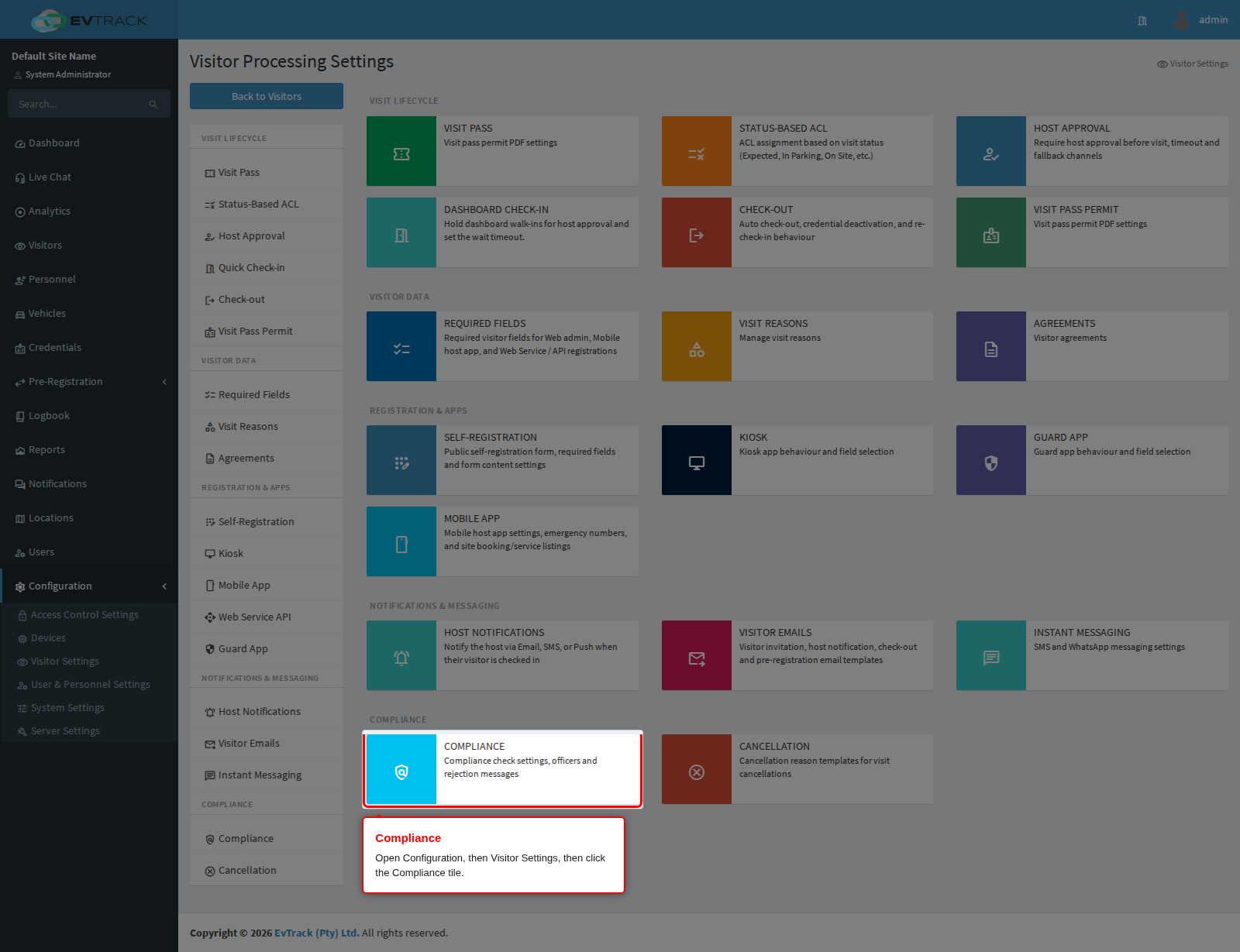 The Compliance tile on the Visitor Settings page