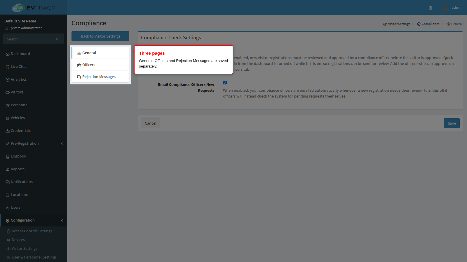 The three Compliance pages in the menu