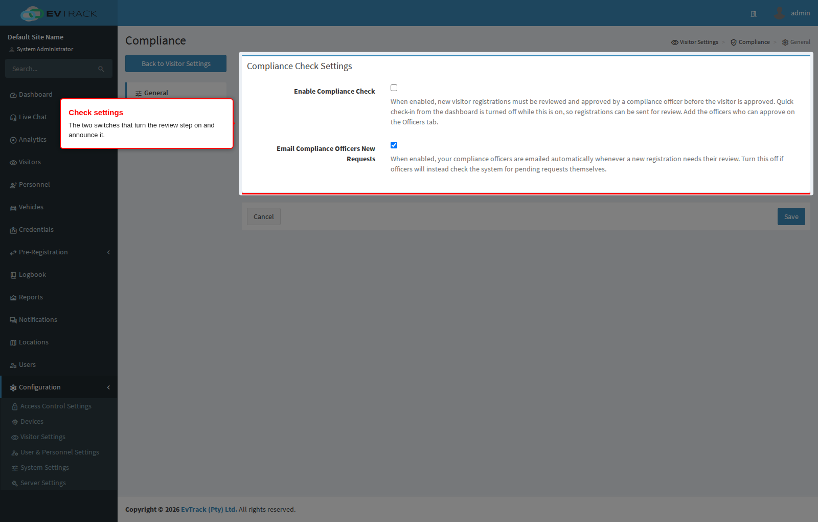 The Compliance Check Settings panel