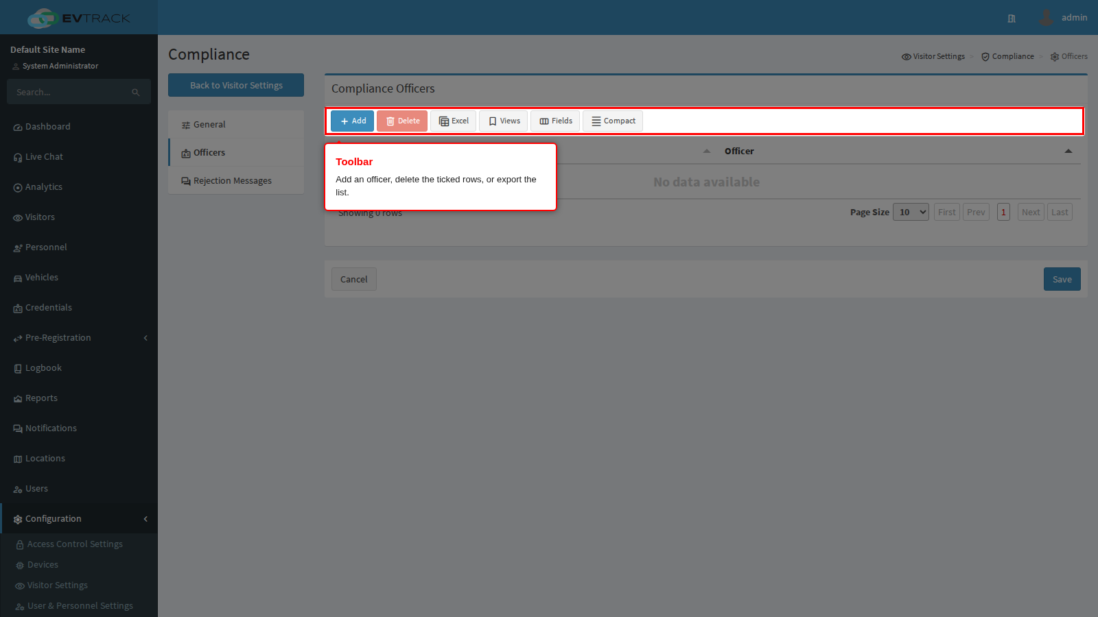 The officer list toolbar