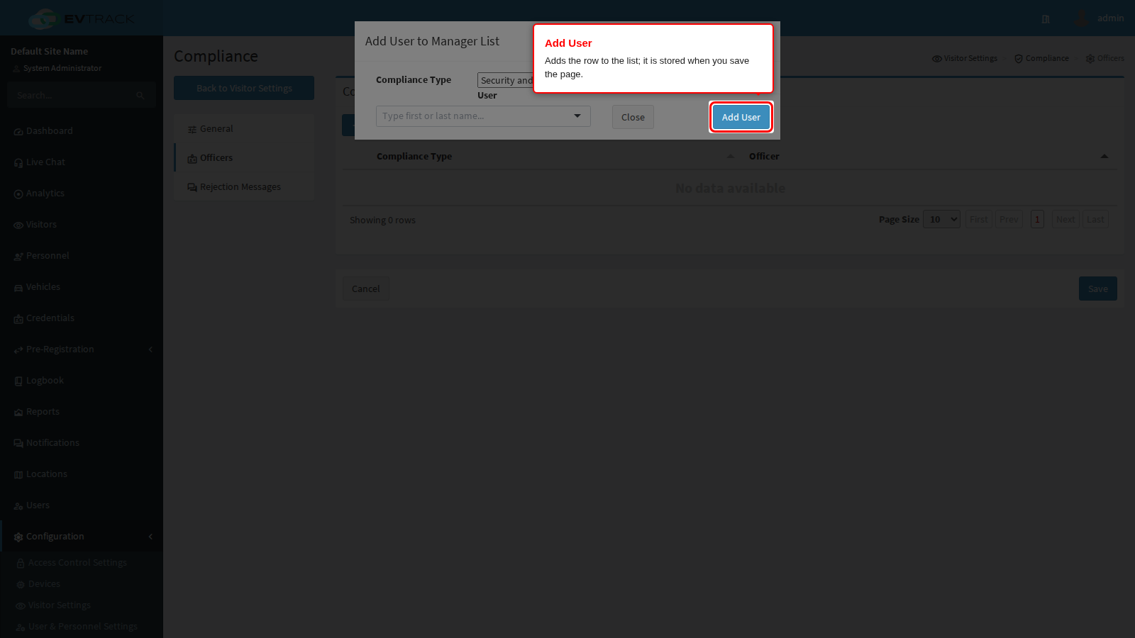 The Add User button in the dialog