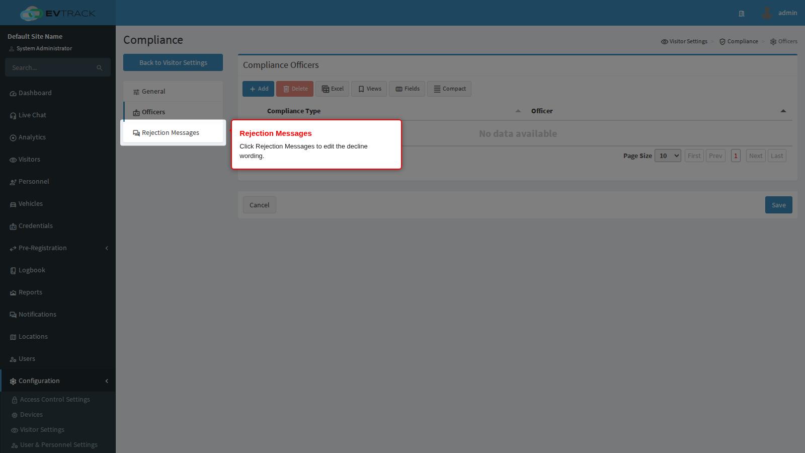 Rejection Messages in the Compliance menu