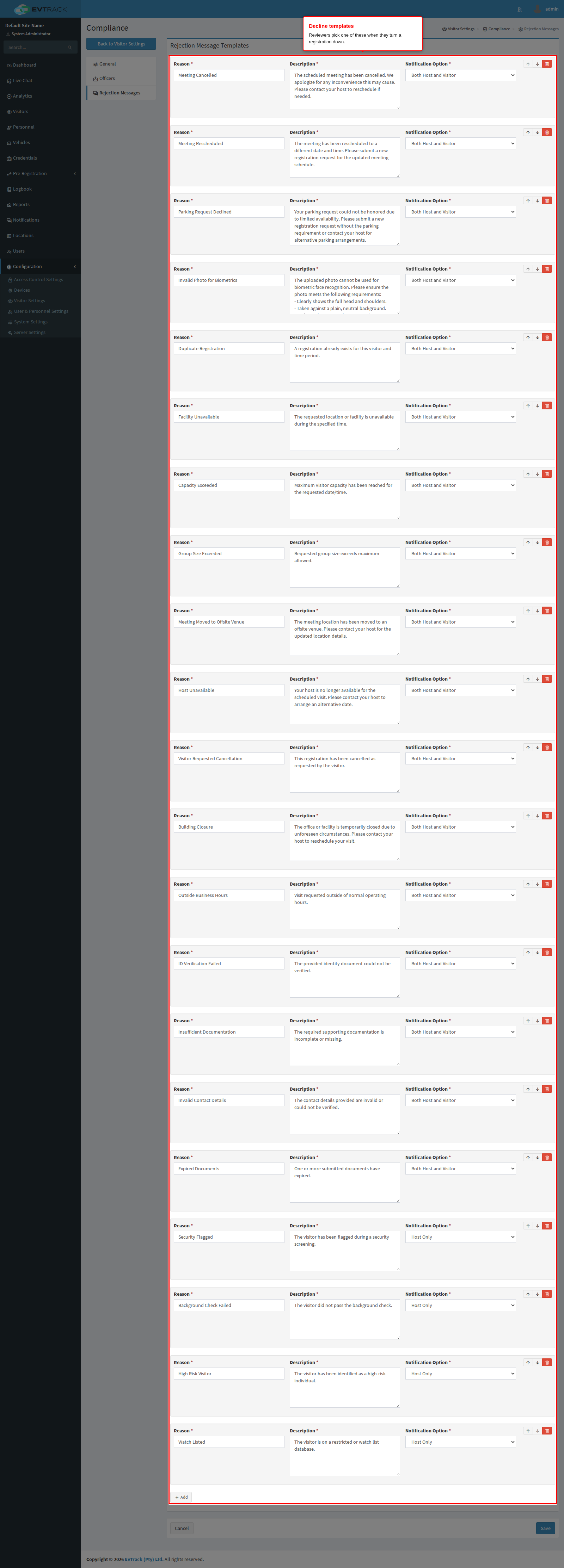 The rejection message list