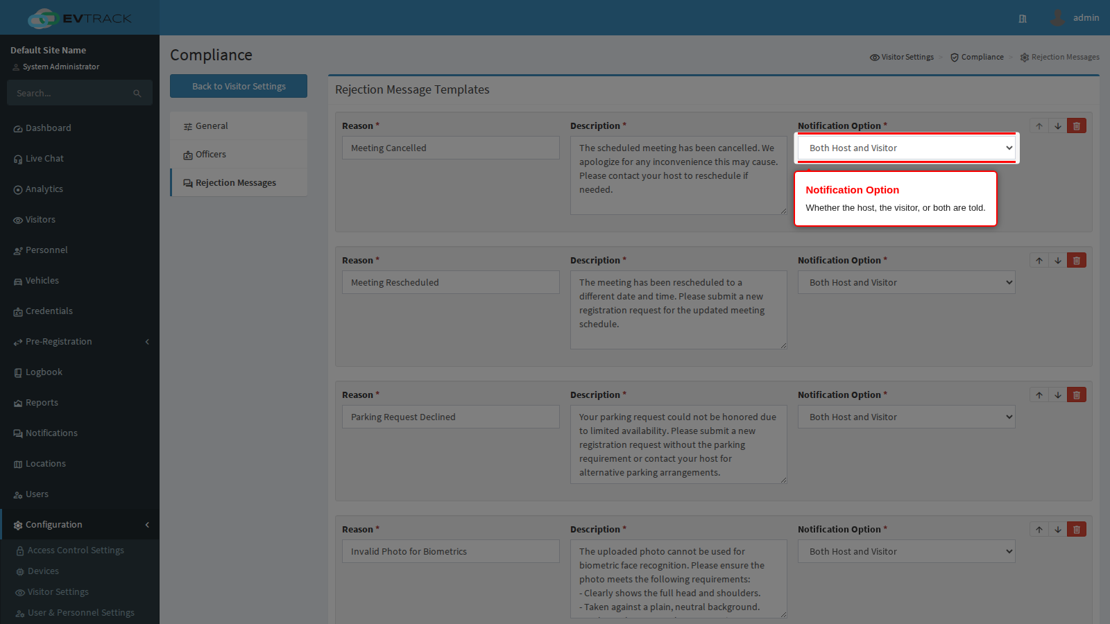The Notification Option selector