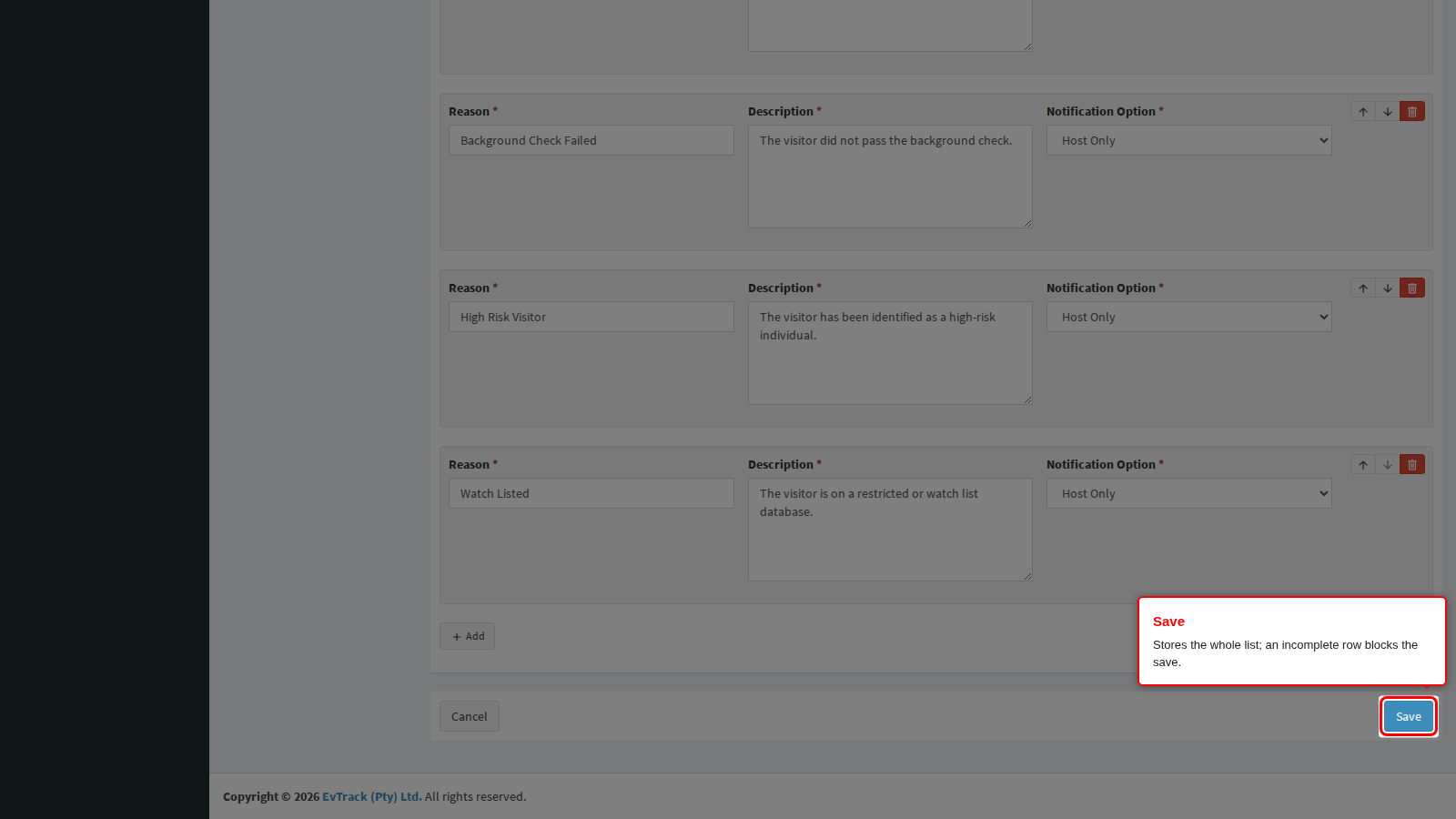 Save on the Rejection Messages page