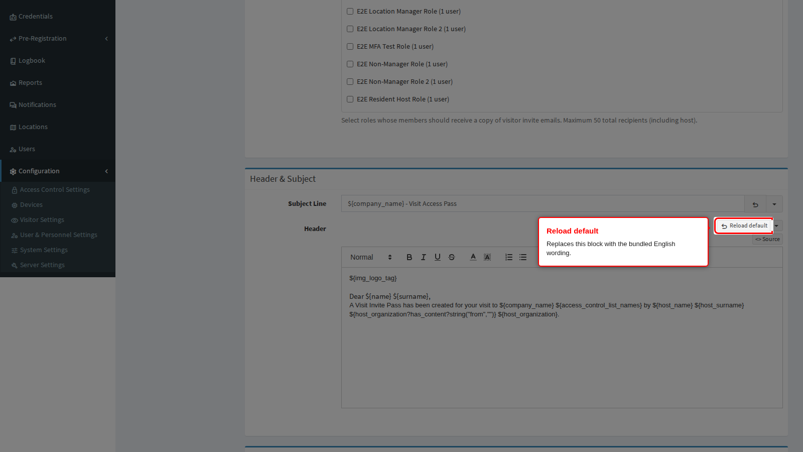 Reload default button
