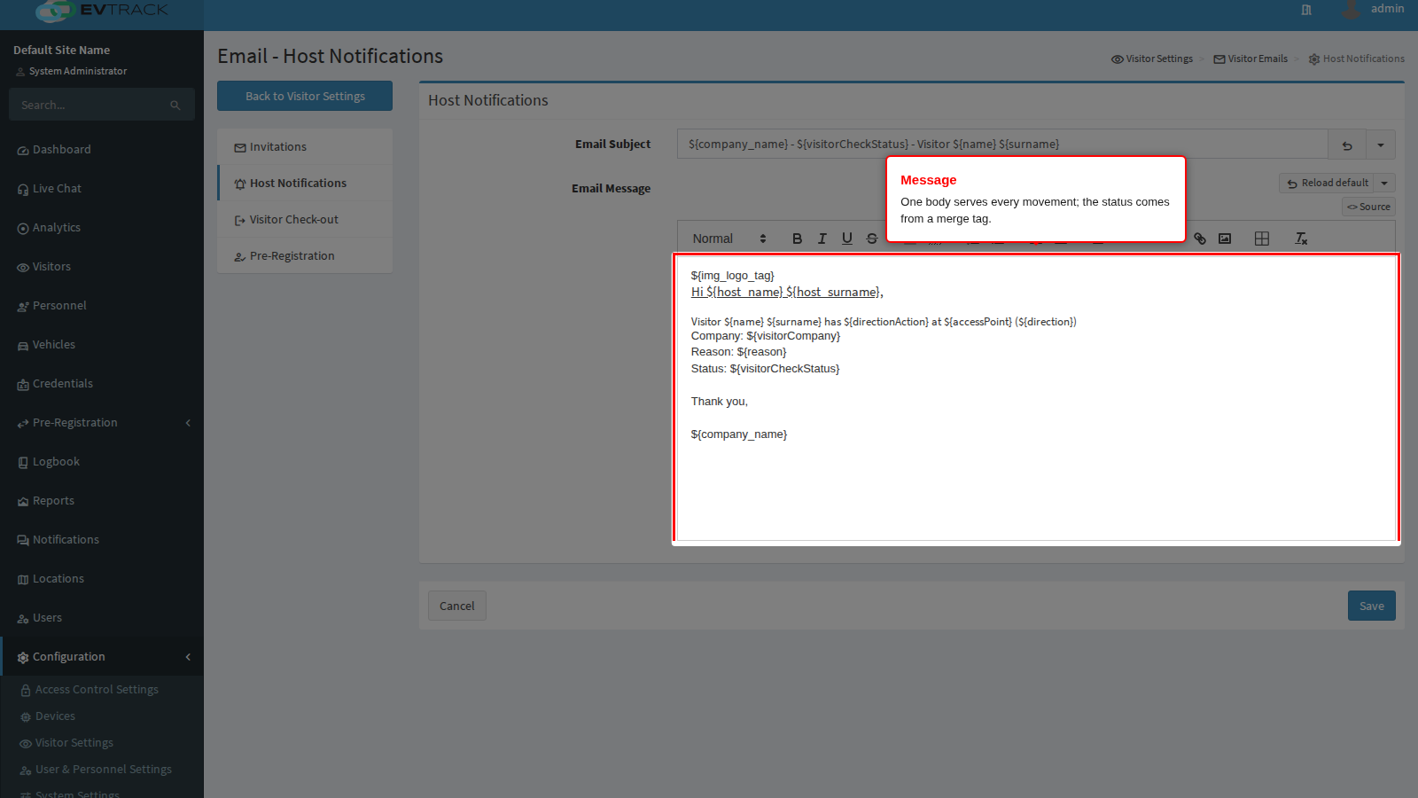 Host notification message