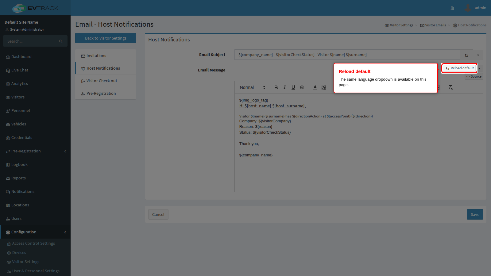 Host notification reload default