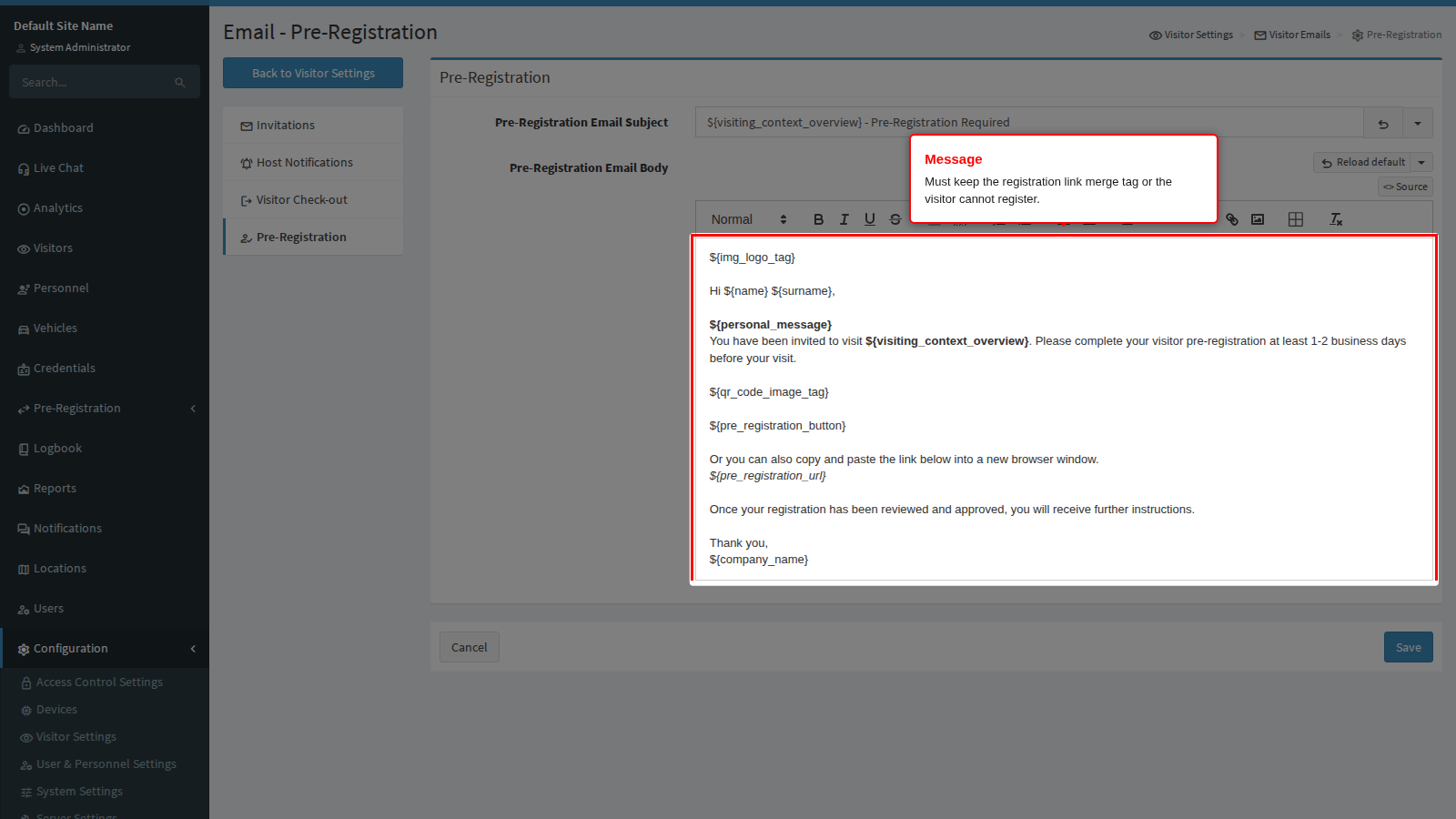 Pre-registration message