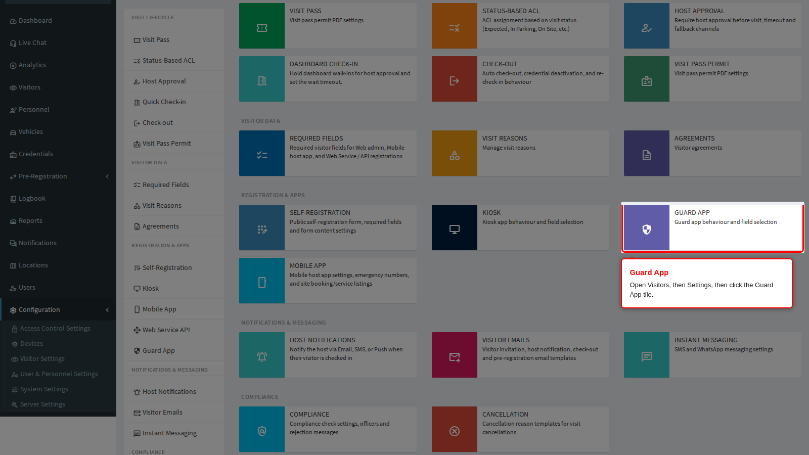 The Guard App tile on the Visitor Settings page