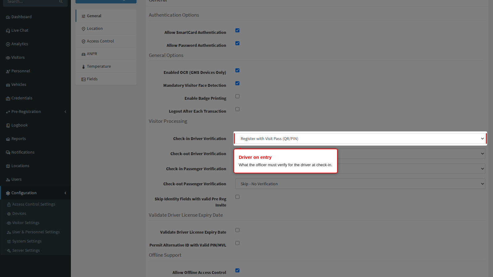 Driver verification on entry