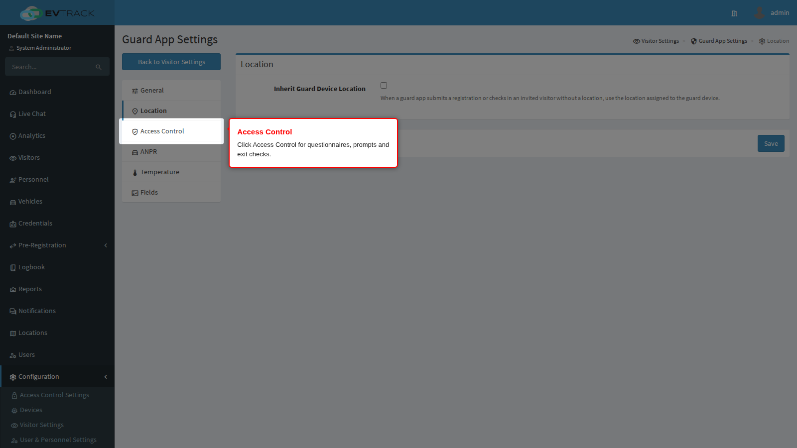 Access Control in the guard menu