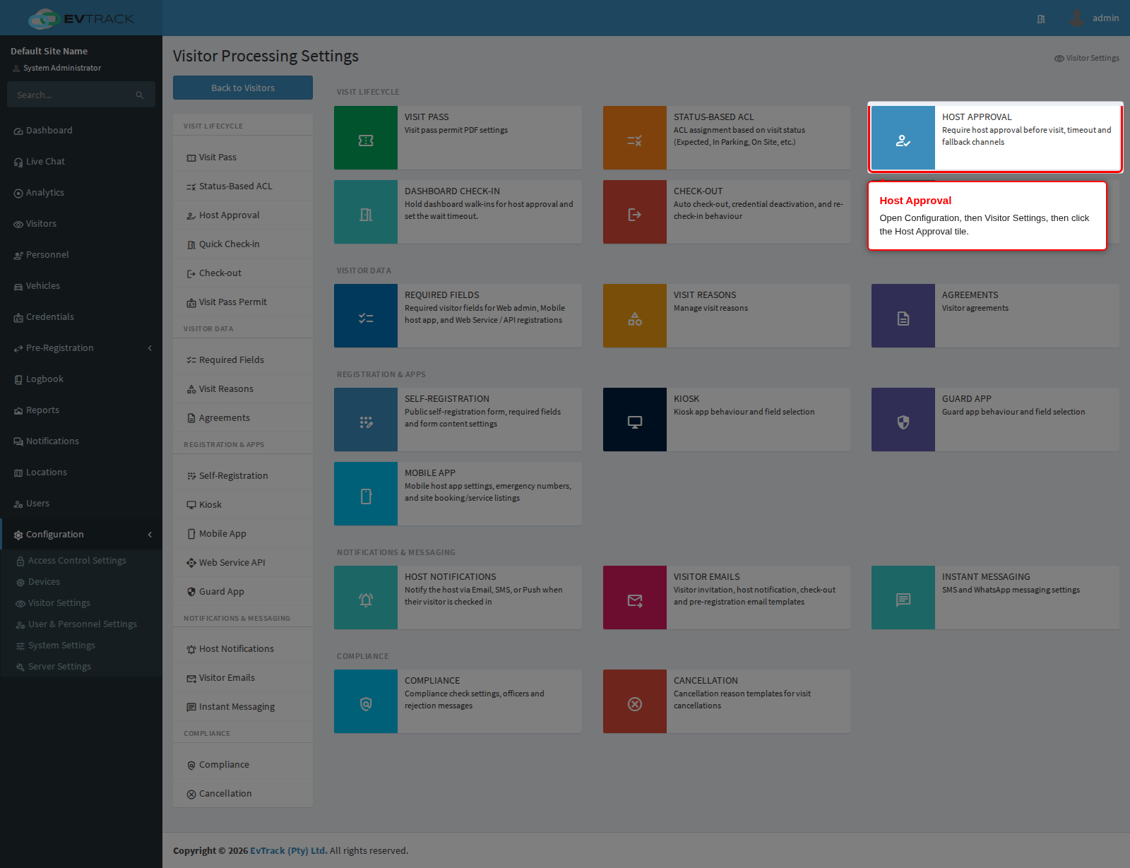 The Host Approval tile on the Visitor Settings page