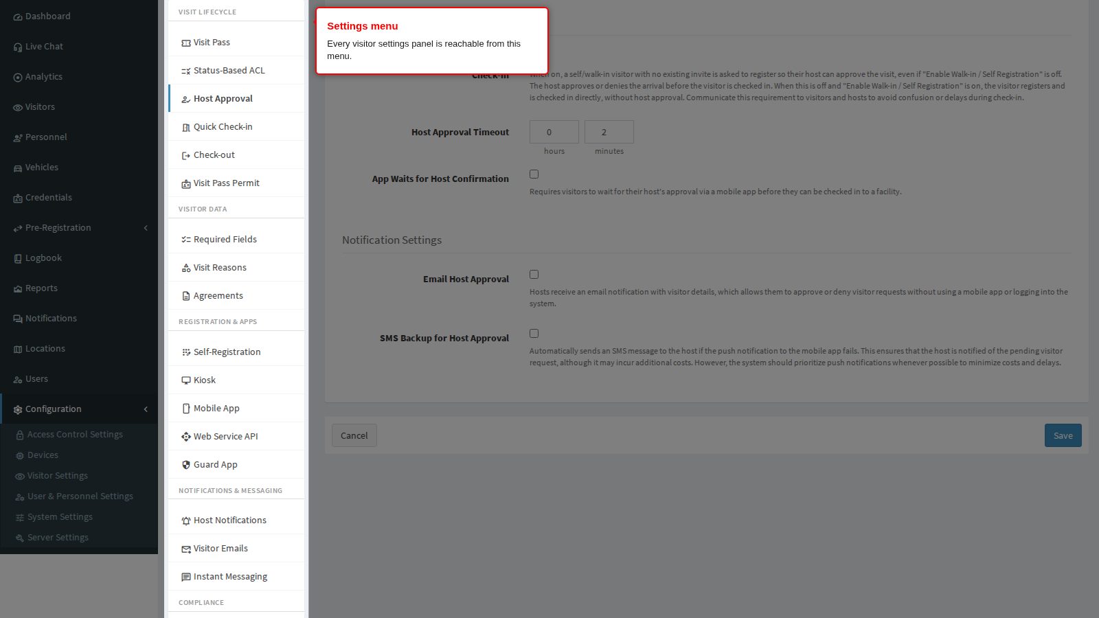 The visitor settings menu on the left of the panel