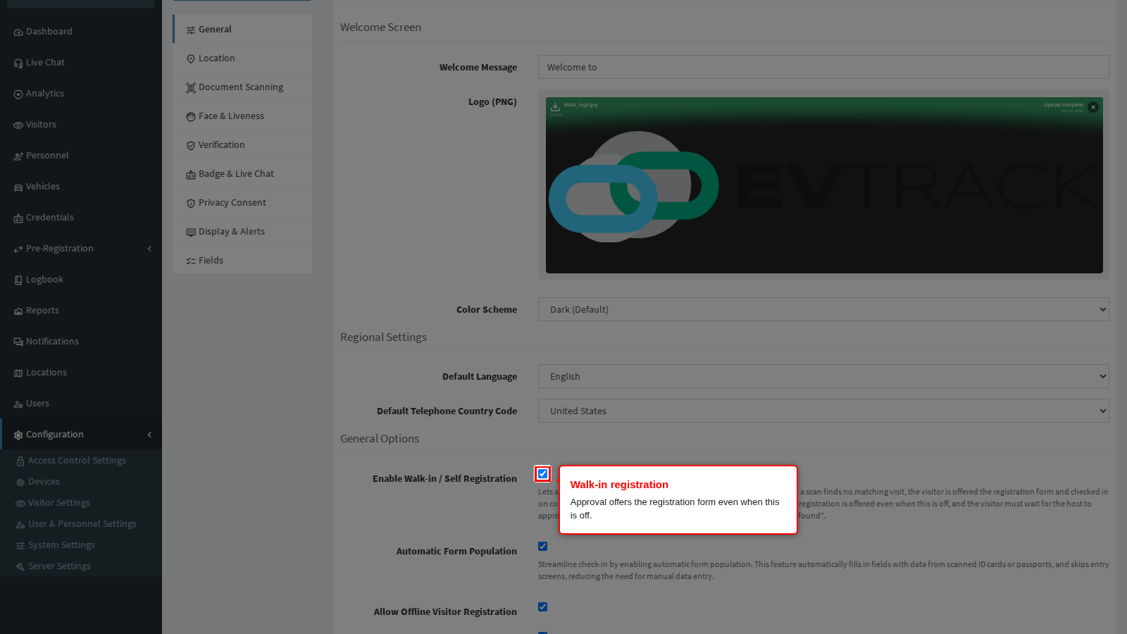 Enable Walk-in / Self Registration on the Kiosk panel