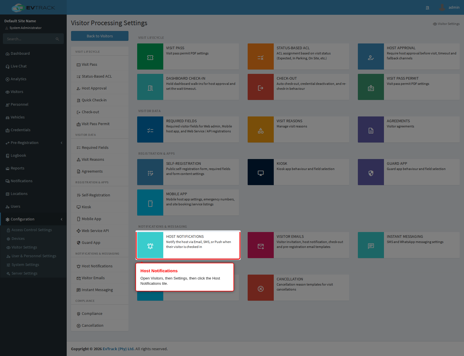The Host Notifications tile on the Visitor Settings page