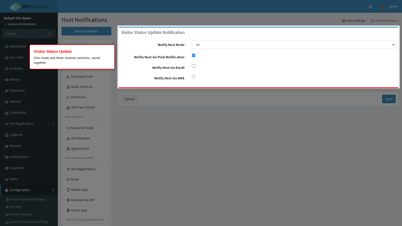 The Visitor Status Update Notification panel