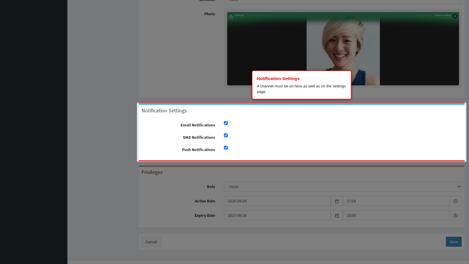 The Notification Settings panel on a user profile