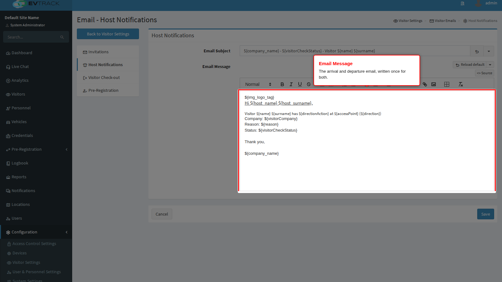 The host notification email body