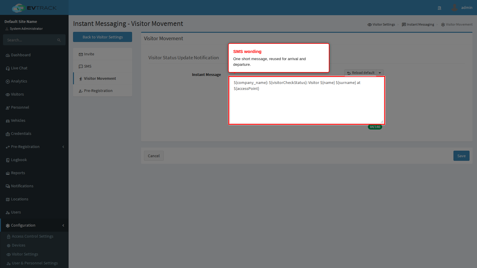 The host notification SMS body