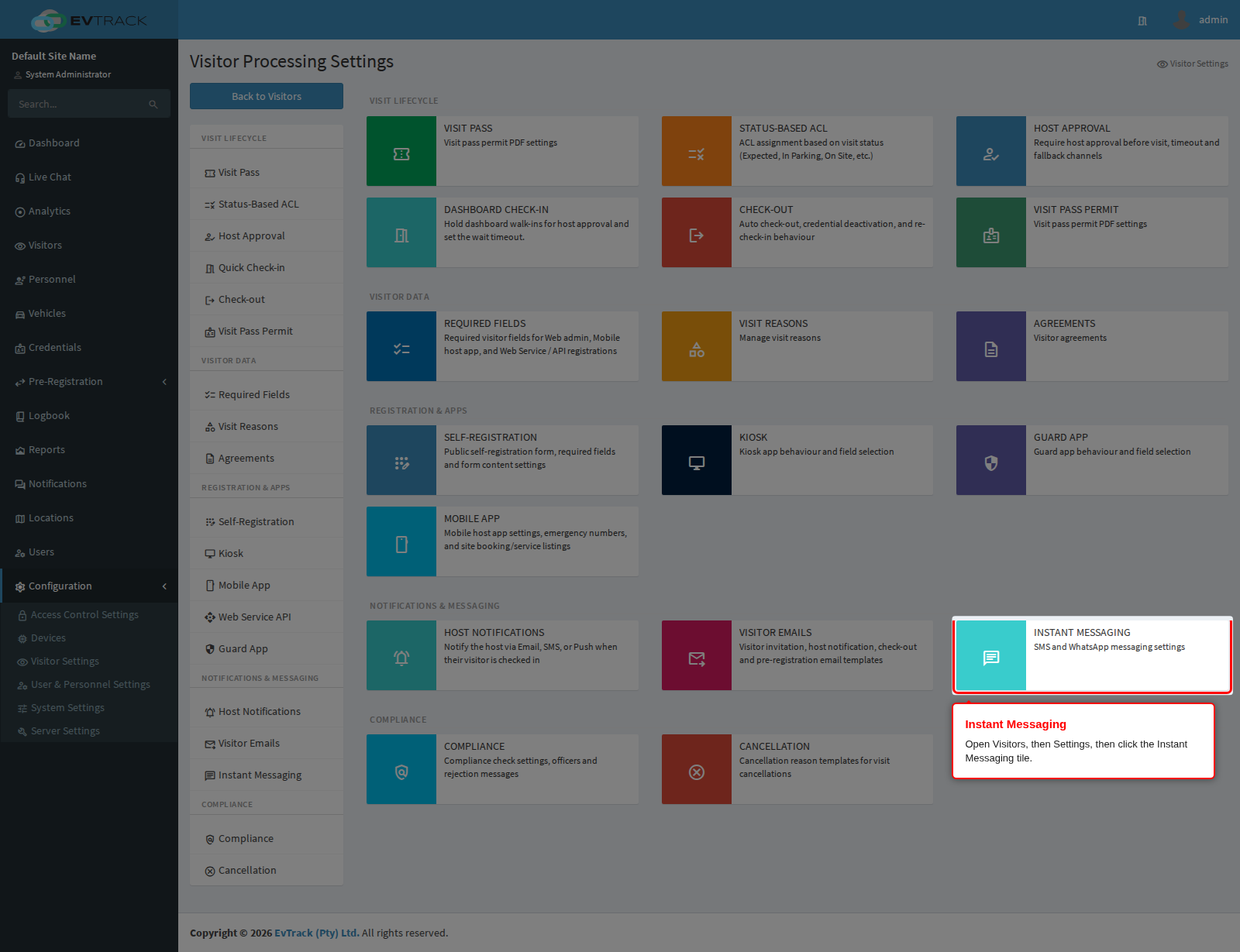 The Instant Messaging tile on the Visitor Settings page