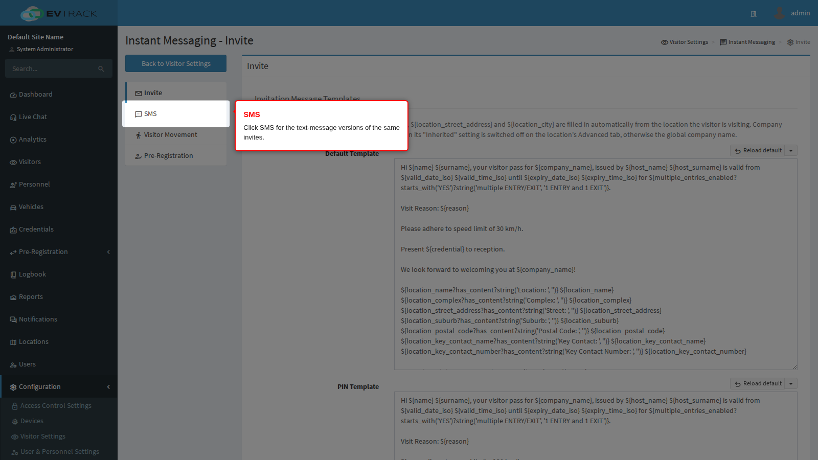 SMS in the page menu