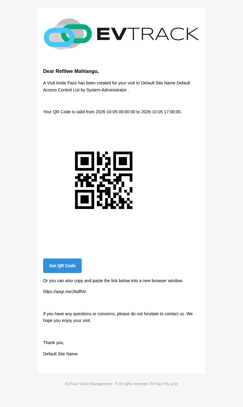 A delivered invitation email
