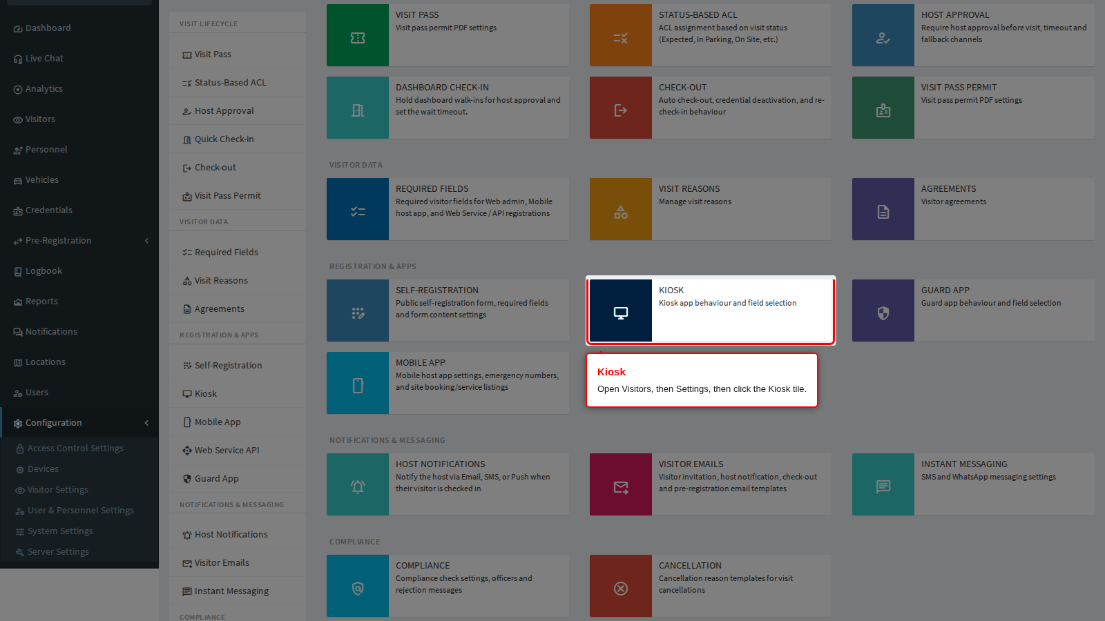 The Kiosk tile on the Visitor Settings page