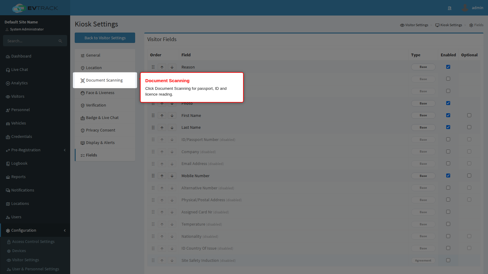 Document Scanning in the kiosk menu