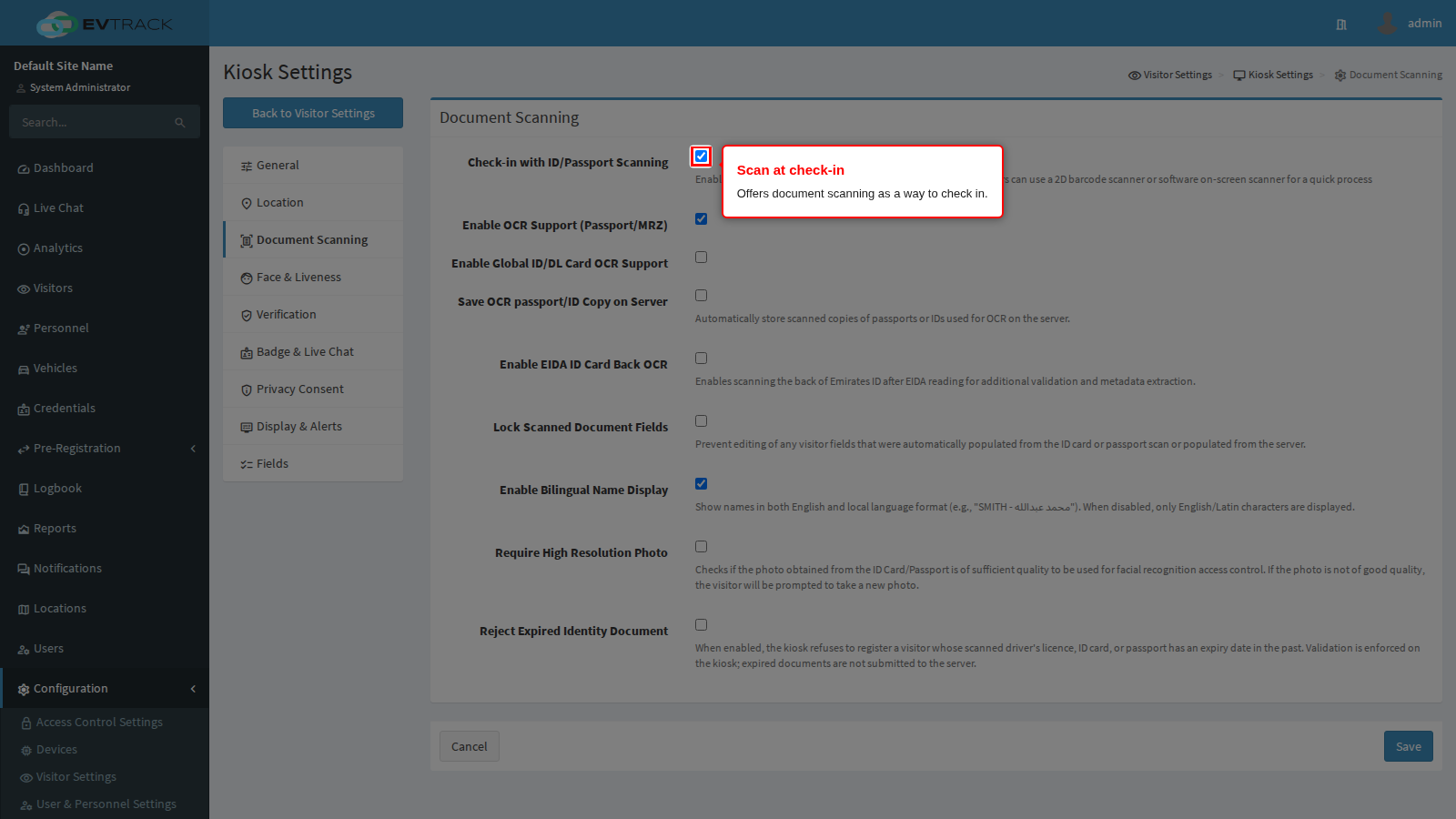 Check-in with document scanning
