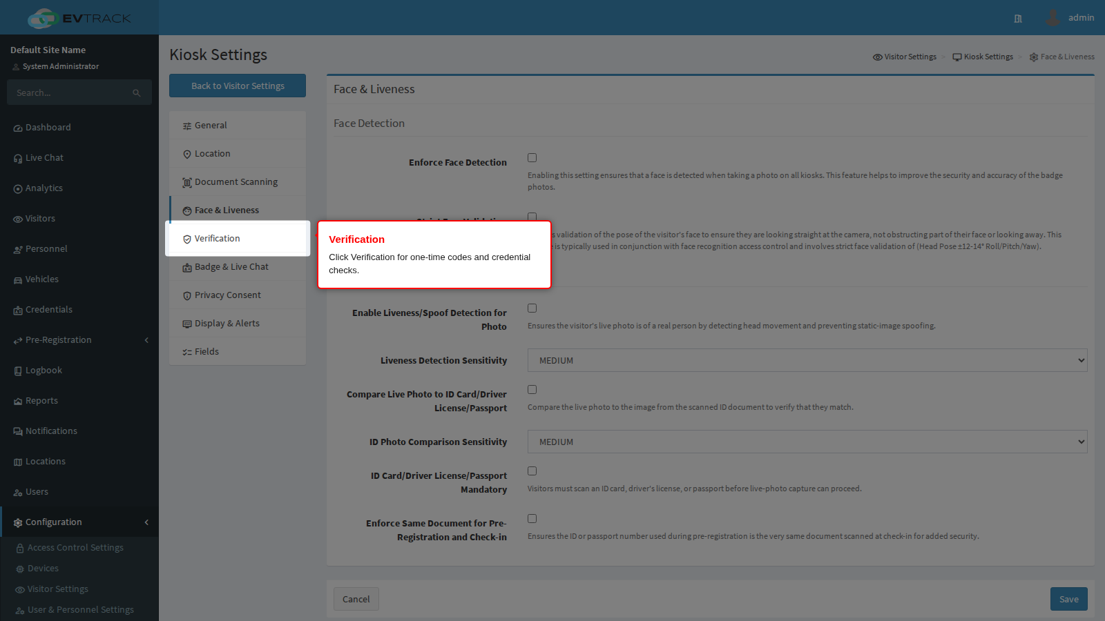Verification in the kiosk menu