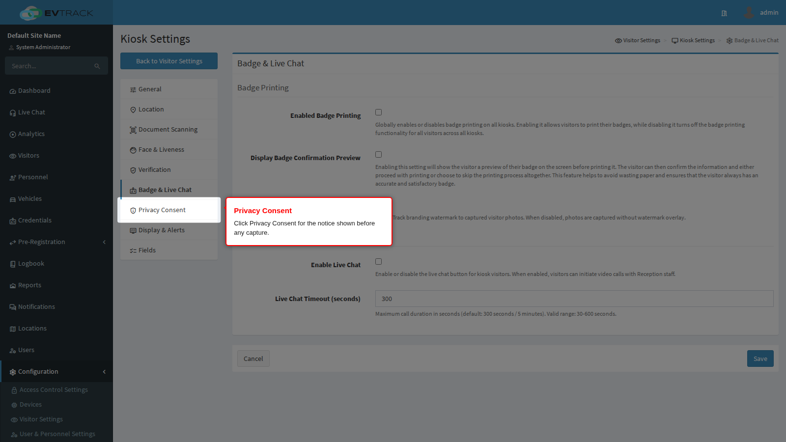 Privacy Consent in the kiosk menu