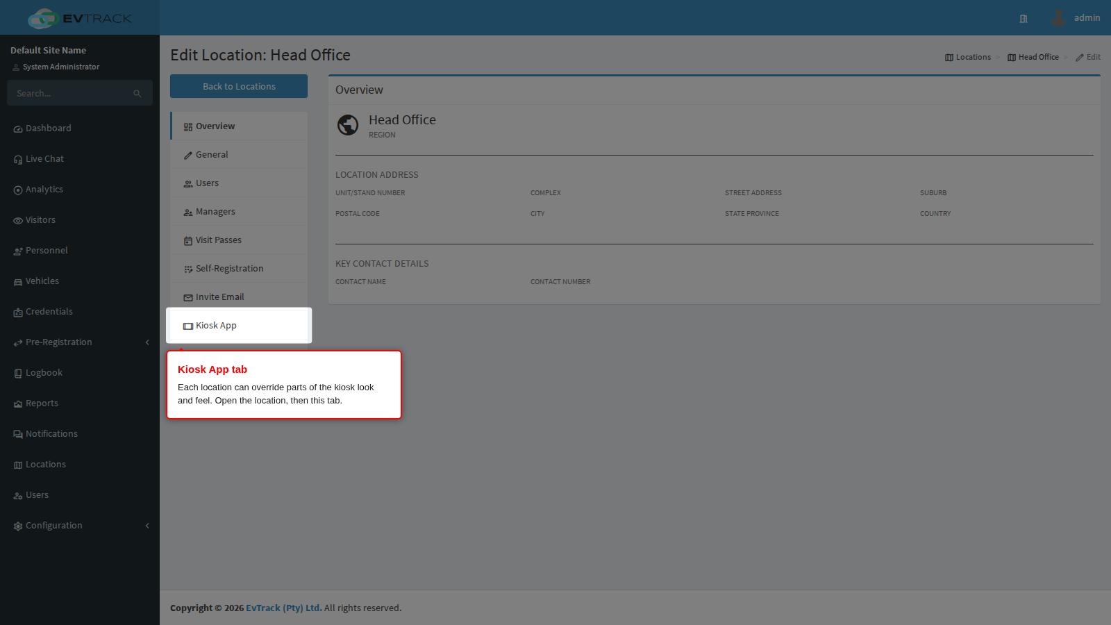 The Kiosk App tab on the location edit page