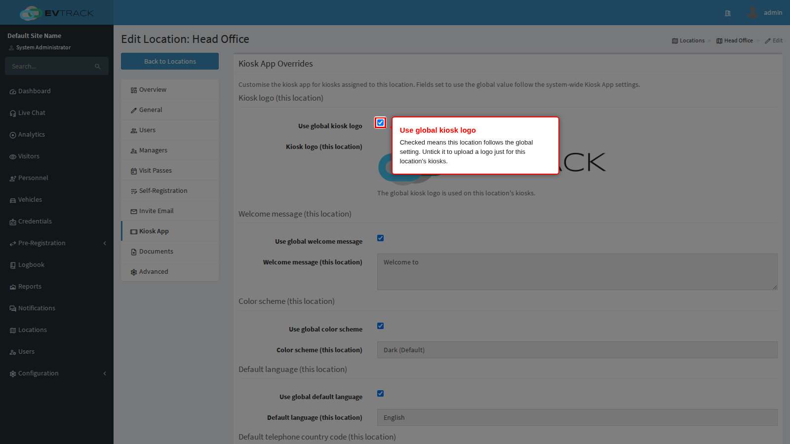 Use global toggles on the Kiosk App tab