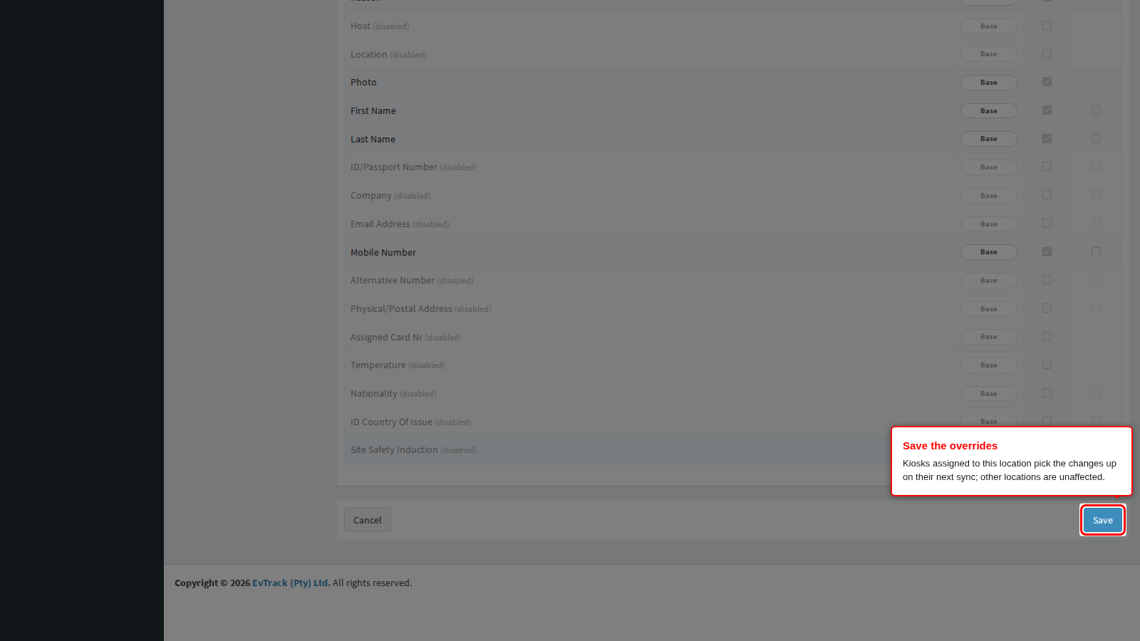 Saving the location kiosk overrides