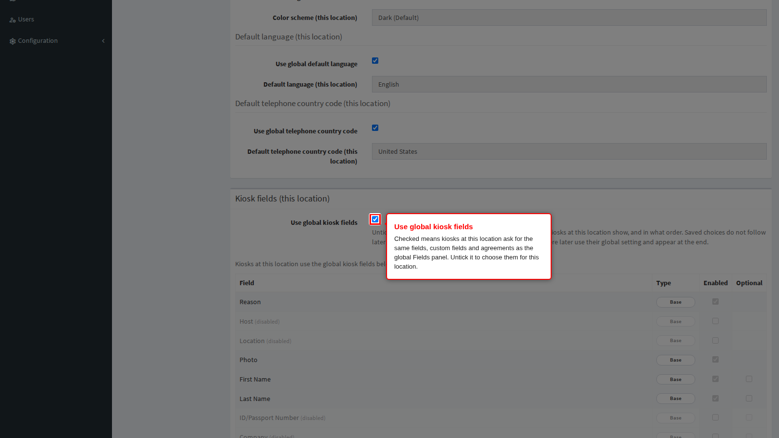 Use global kiosk fields on the Kiosk App tab